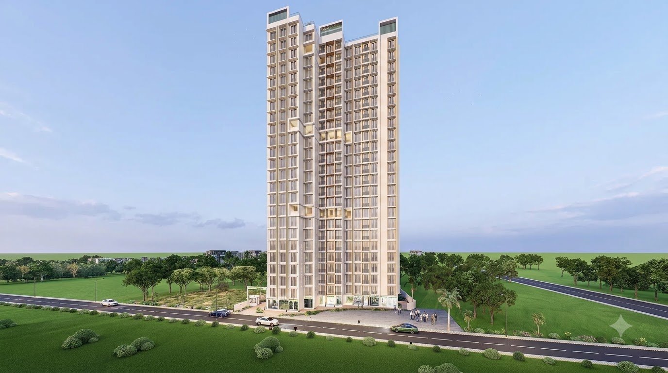 Full elevation of the Laxmi Heights tower seen from Bhatti Pada Road