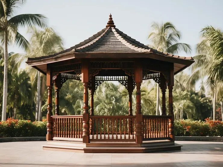 Timber gazebo set among palms in the landscaped garden deck
