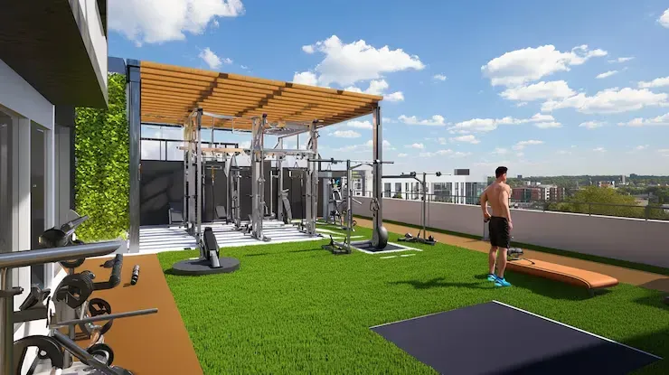 Open-air terrace gymnasium on landscaped turf under a timber pergola