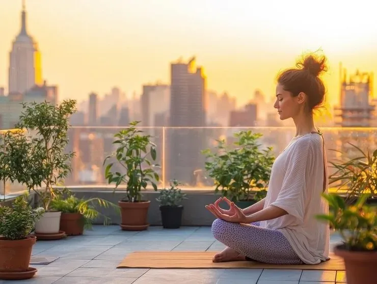 Resident practising yoga on the planted open terrace at sunrise, city skyline behind