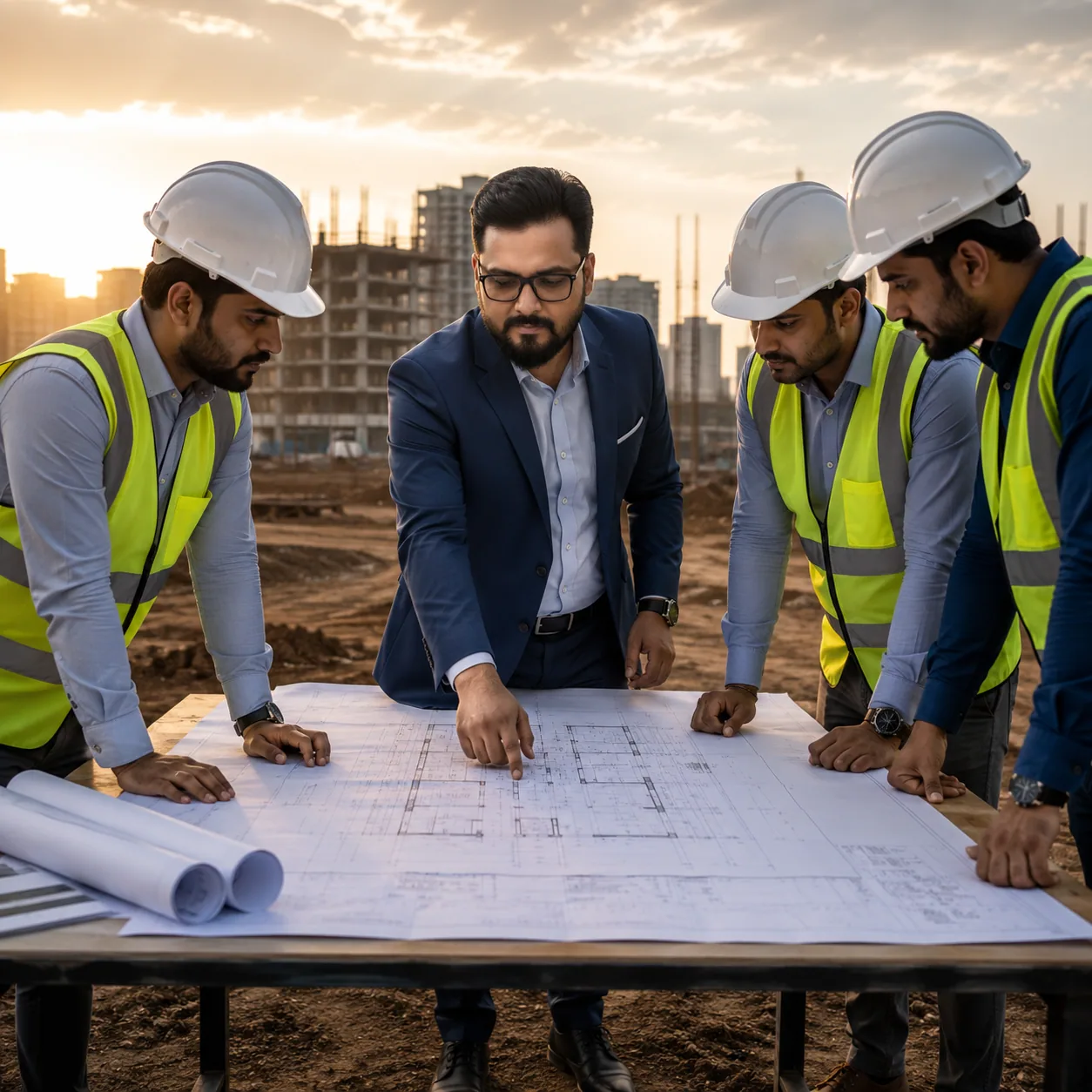 Laxmi Developers project team reviewing drawings on site at sunset